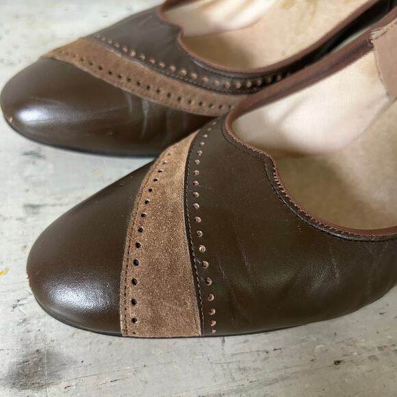Vintage Ginnie Johansen leather wing tip high heel pumps brown 50s 60s retro 7 - Picture 11 of 13